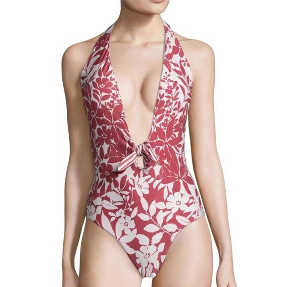 Red Carter Floral Shanghai One Piece Swimsuit Size S Ruby Plunge V-Neck Halter - Picture 1 of 8